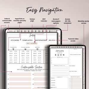 May include: Digital planner interface with the text "Easy Navigation." Features include index, sticker page, 2027 calendar, note paper options, life templates, and monthly section access. The planner has customizable sections and tutorial video access.
