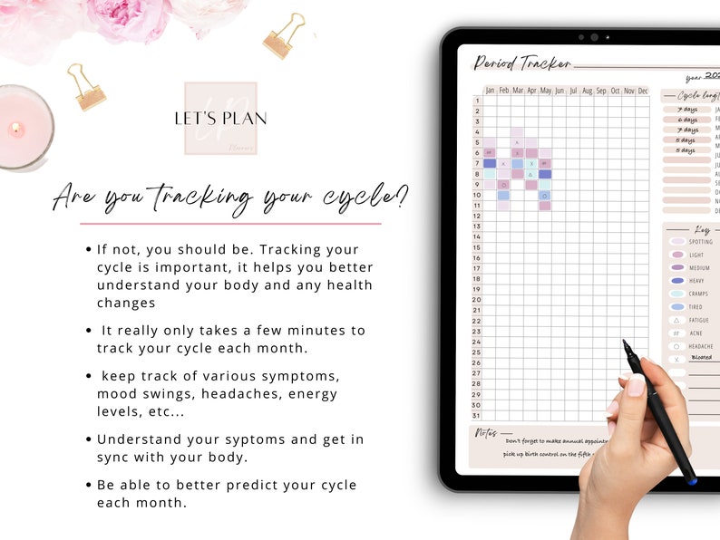 May include: A digital tablet displaying a period tracker with a grid for tracking menstrual cycles. The grid is color-coded with different shades of pink, blue, and purple. The tablet is on a white surface with a hand holding a black stylus.