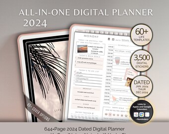 2024 Digital Planner GoodNotes Template for iPads, Tablets & Phones with Apple and Google Calendar links, Daily, Weekly and Monthly Journal