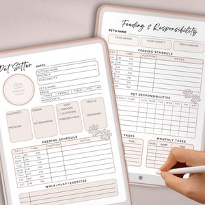 May include: A printable pet sitter log with sections for pet information, feeding schedule, pet responsibilities, and monthly tasks. The log has a pink and white color scheme with paw prints.