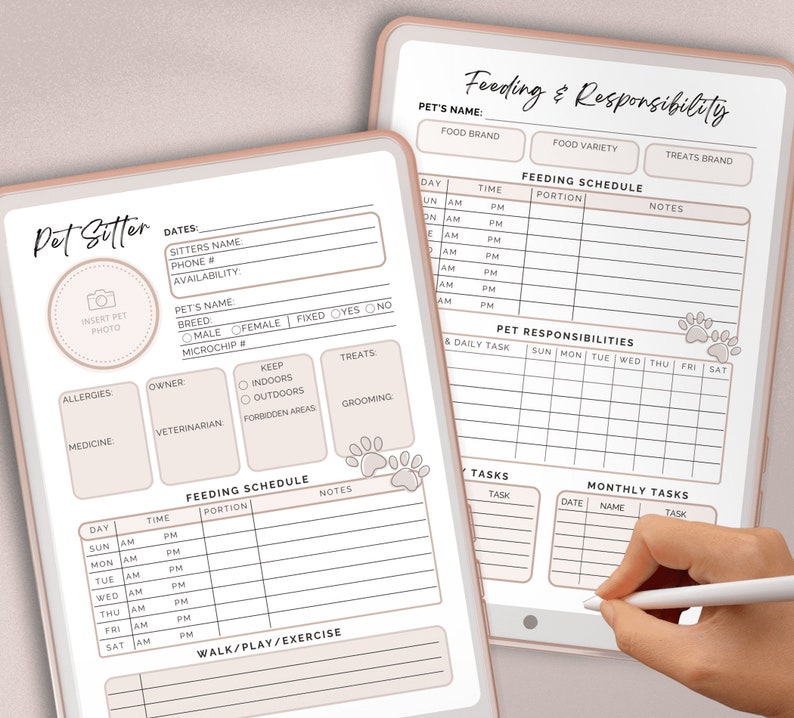 May include: A printable pet sitter log with sections for pet information, feeding schedule, pet responsibilities, and monthly tasks. The log has a pink and white color scheme with paw prints.