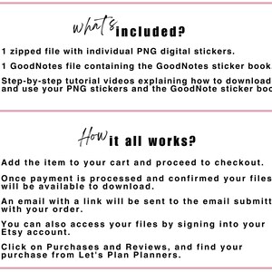May include: A white background with text in black and pink. The text reads "What's Included?" and "How it all works?" followed by bulleted lists detailing digital sticker files, GoodNotes files, and download instructions.