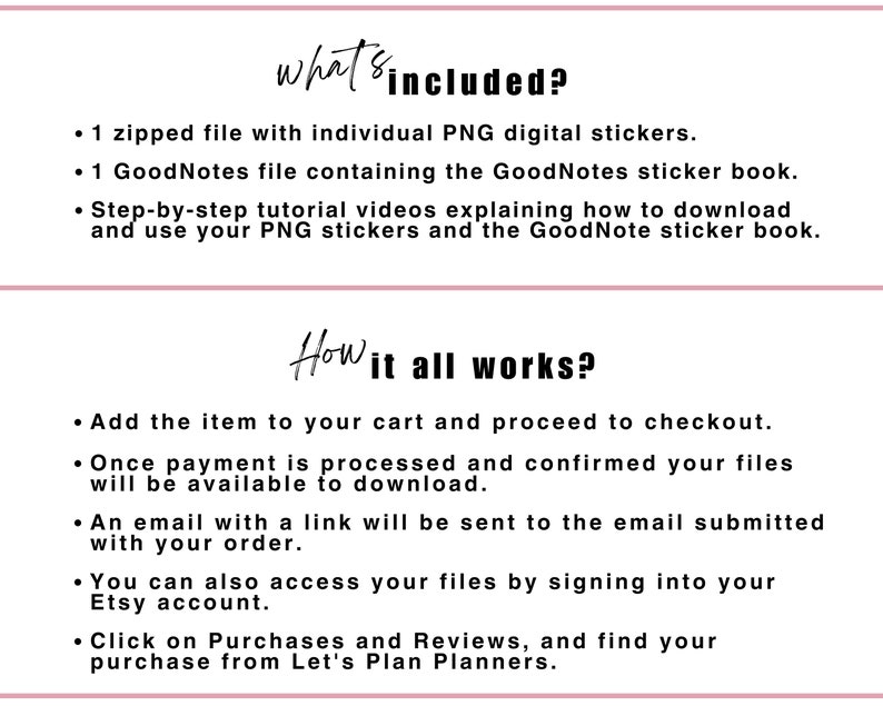 May include: A white background with text in black and pink. The text reads "What's Included?" and "How it all works?" followed by bulleted lists detailing digital sticker files, GoodNotes files, and download instructions.