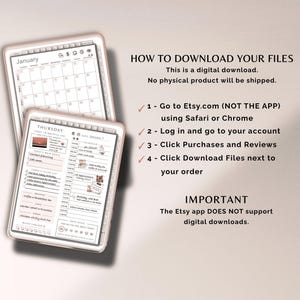 May include: Two digital planner templates displayed on tablets. One shows a January calendar, the other a detailed daily schedule. Text on the right explains how to download digital files from Etsy.