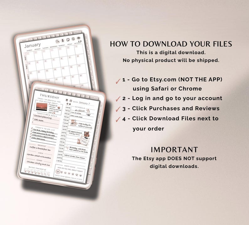 May include: Two digital planner templates displayed on tablets. One shows a January calendar, the other a detailed daily schedule. Text on the right explains how to download digital files from Etsy.