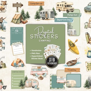 Könnte beinhalten: Eine Sammlung digitaler Camping-Sticker mit Illustrationen von Zelten, Wohnwagen, Lagerfeuern und Outdoor-Ausrüstung. Die Sticker sind für die Verwendung mit Goodnotes und PNG-Dateien konzipiert und enthalten ein verlinktes Stickerbuch. Der Text "Digital Stickers Camping" ist enthalten.