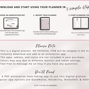 Puede incluir: Un planificador digital con instrucciones sobre c&oacute;mo descargarlo y usarlo. El planificador es un archivo PDF que se puede usar con una aplicaci&oacute;n para tomar notas. La imagen muestra una captura de pantalla del planificador y una lista de aplicaciones populares para tomar notas.