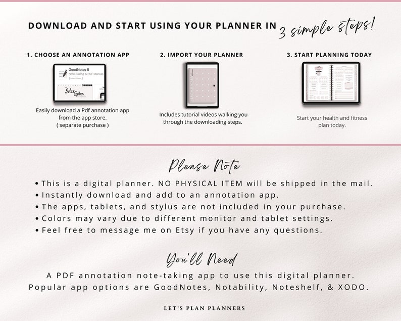 Puede incluir: Un planificador digital con instrucciones sobre c&oacute;mo descargarlo y usarlo. El planificador es un archivo PDF que se puede usar con una aplicaci&oacute;n para tomar notas. La imagen muestra una captura de pantalla del planificador y una lista de aplicaciones populares para tomar notas.