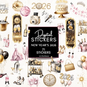 May include: A collection of digital stickers with a New Year's 2026 theme. The stickers include champagne bottles, disco balls, a cake, a clock, balloons, and the text "Happy New Year! 2026".
