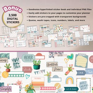 May include: Digital planner stickers in various designs and colors, including quotes, icons, and labels. The image includes the text "Bonus 3,500 DIGITAL STICKERS" and "Goodnotes hyperlinked sticker book and individual PNG files."