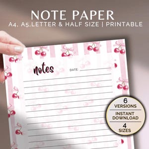 May include: Printable note paper with a pink and white striped background and a cherry pattern. The paper has a line for the date and the word "notes" at the top. The paper is available in 6 versions and 4 sizes.