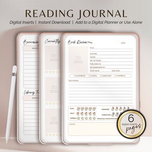 Diario di lettura Book Tracker Planner digitale Inserti Recensioni di libri Lettura quotidiana Prestito Prestito Attualmente in lettura, Modelli GoodNote