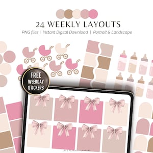 Può includere: Layout del planner digitale nei toni del rosa, beige e marrone. L'immagine include un tablet che mostra layout settimanali con fiocchi, carrozzine, biberon e il testo "24 WEEKLY LAYOUTS".