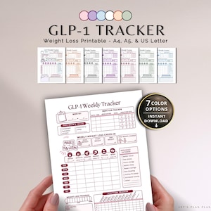 May include: A GLP-1 Weekly Tracker printable weight loss planner sheet in seven color options including pink, purple, blue, white, orange, and green. The document features sections for injection tracking, weekly goals, weight check-ins, and symptoms.