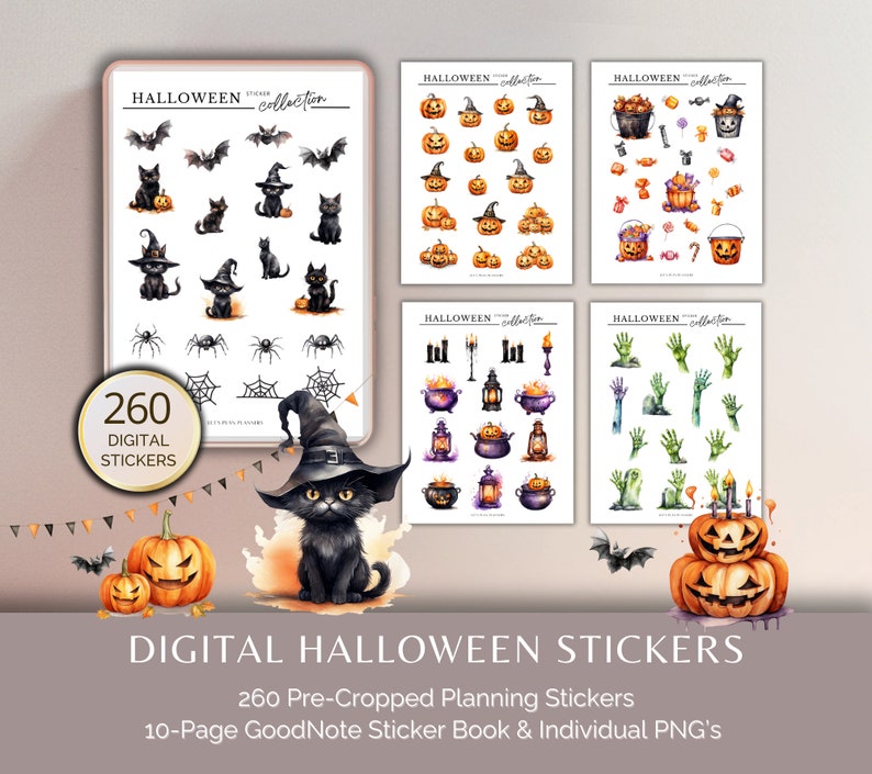 May include: A digital sticker collection featuring 260 Halloween themed stickers. The stickers include black cats, pumpkins, witches, candy, and more. The stickers are pre-cropped and ready to use in digital planners or as individual PNG files.