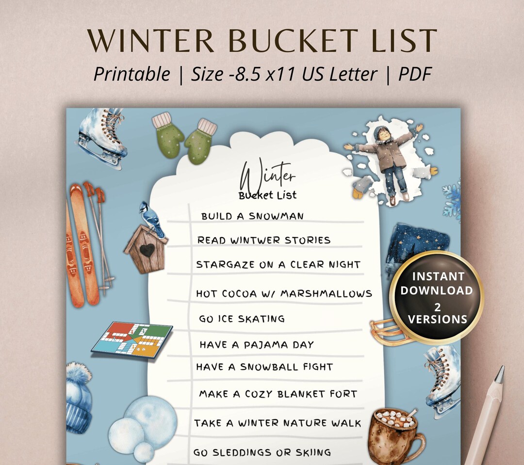 Bucket List Printable Planner Kids Winter Family Fun Activity Template Winter To-do List Journal ...