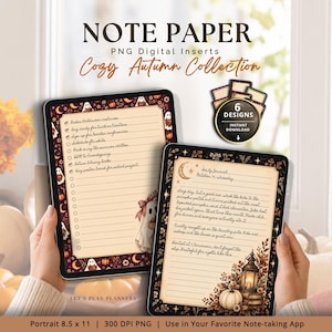 Puede incluir: Insertos de papel de notas digital PNG de la colección Cozy Autumn. Dos tabletas muestran páginas rayadas con temas de otoño y Halloween, incluyendo ilustraciones de fantasmas, calabazas, linternas y estrellas. Texto: 6 DESIGNS INSTANT DOWNLOAD.