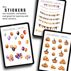May include: A digital sheet of Halloween stickers featuring pumpkins, ghosts, bats, and balloons. The stickers are reusable, resizable, and great for layering with other stickers.