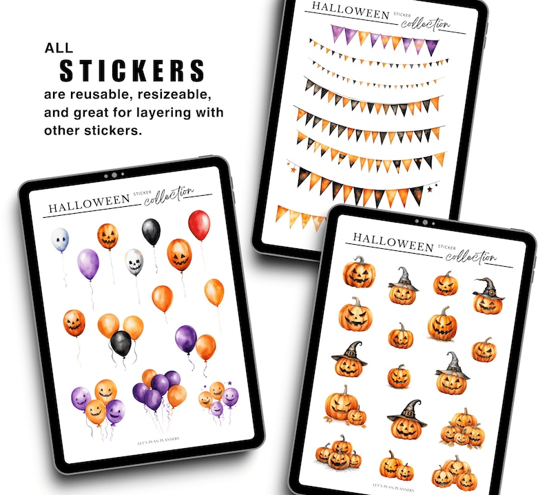 May include: A digital sheet of Halloween stickers featuring pumpkins, ghosts, bats, and balloons. The stickers are reusable, resizable, and great for layering with other stickers.