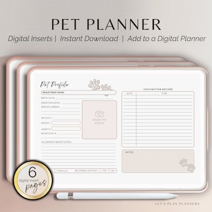 Op de afbeelding: Een afdrukbare digitale plannerpagina voor huisdiereneigenaren. De pagina bevat secties voor huisdierprofielinformatie, vaccinatieregisters en notities. De pagina is ontworpen om te worden gebruikt met een digitale planner-app.