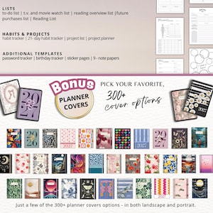 May include: A variety of planner covers are displayed, showcasing diverse designs and styles. The image includes text such as "Bonus Planner Covers" and "Pick Your Favorite, 300+ cover options." The planners feature floral, geometric, and abstract patterns, with some dated for 2027.