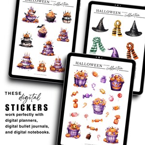 May include: Three digital tablet screens displaying Halloween themed digital stickers. The stickers include images of pumpkins, candy, witches hats, and cakes. The text on the screens reads "Halloween Sticker Collection".