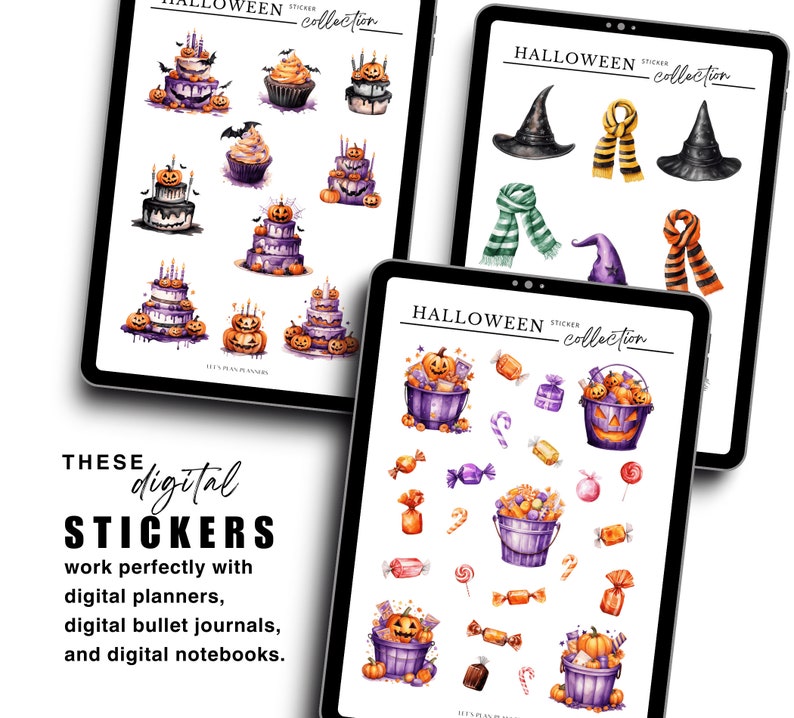 May include: Three digital tablet screens displaying Halloween themed digital stickers. The stickers include images of pumpkins, candy, witches hats, and cakes. The text on the screens reads "Halloween Sticker Collection".