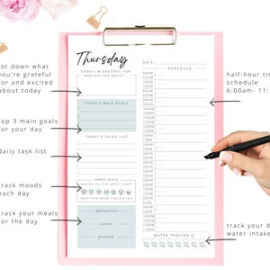May include: A pink and white printable daily planner with a schedule for Thursday. The planner includes sections for gratitude, goals, tasks, mood tracking, meals, and water intake.