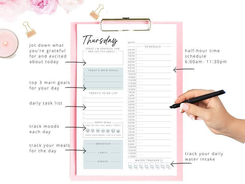 May include: A pink and white printable daily planner with a schedule for Thursday. The planner includes sections for gratitude, goals, tasks, mood tracking, meals, and water intake.