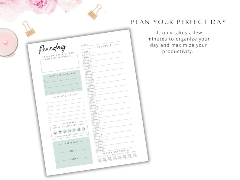 May include: A printable daily planner with a light green and white color scheme. The planner includes sections for scheduling, goal setting, to-do lists, a mood tracker, and a water tracker. The text "Monday" is at the top of the page.