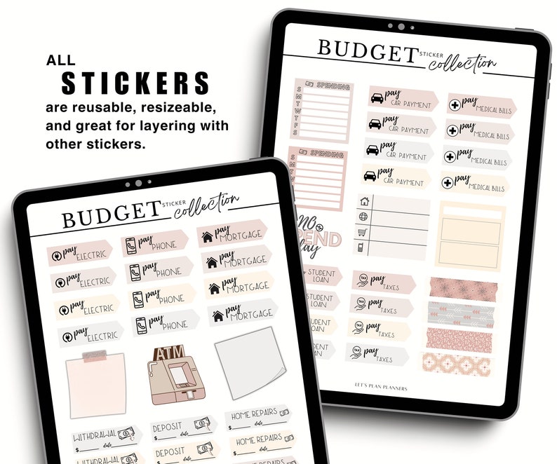 May include: A digital planner with stickers for budgeting. The stickers are pink and white with black text. The stickers include categories like "pay electric", "pay phone", "pay mortgage", "pay car payment", "pay medical bills", "pay taxes", "student loan", "home repairs", "deposit", "withdrawal", and "ATM".