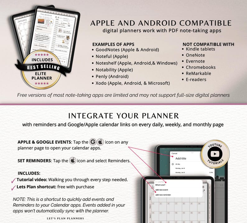 May include: Digital planner advertisement with two tablets displaying calendar pages. Text includes "Apple and Android Compatible" and app examples. A gold seal reads "Best Selling Elite Planner."