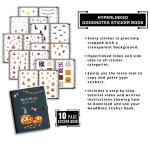May include: A 10-page Halloween sticker book for GoodNotes with a black cover featuring a pumpkin with a witch's hat. The book includes hyperlinked index and side tabs to all sticker categories.