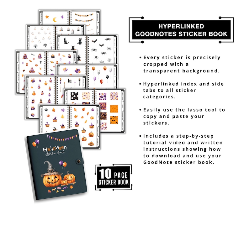 May include: A 10-page Halloween sticker book for GoodNotes with a black cover featuring a pumpkin with a witch's hat. The book includes hyperlinked index and side tabs to all sticker categories.