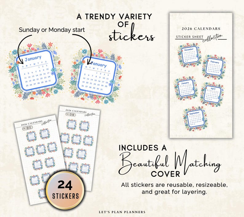 2026 Calendar Stickers Digital Stickers Goodnotes PNG Files iPad and ...