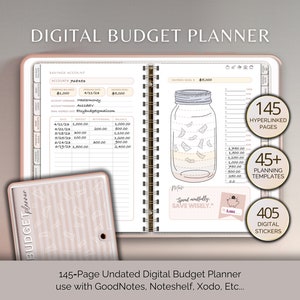 May include: A pink and white digital budget planner with 145 pages, 45+ planning templates, and 405 digital stickers. The planner includes a savings account tracker, a savings goal tracker, and a notes section. The planner is designed to be used with GoodNotes, Noteshelf, Xodo, and other note-taking apps.