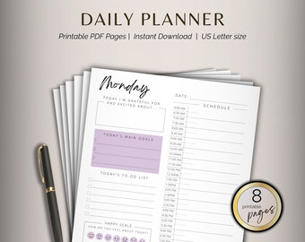 Planificador diario imprimible, planificador de productividad diaria con horarios de media hora y por hora, planificador diario para días laborables y fines de semana.