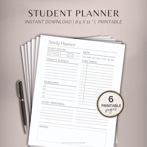 May include: A stack of white student planner pages with a black pen. The planner includes sections for study hours, deadlines, and a time table. Text on the page reads "Student Planner" and "Printable". The pages measure 8.5 x 11 inches.