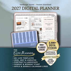 Op de afbeelding: Een digitale planner met een lichtgekleurde lijst, met een dagschema en takenlijst. De planner bevat de tekst "2027 DIGITAL PLANNER" en heeft een kleinere planner met het jaar 2027. Extra tekst bevat "300+ Planner Covers" en "3,500+ Digital Stickers".