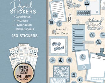 Stickers numériques bleus de tous les jours : agenda GoodNotes, fichiers PNG (150 stickers)