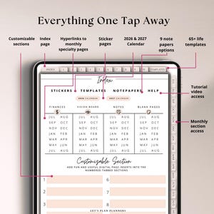 Puede incluir: Un planificador digital en la pantalla de una tableta que muestra una p&aacute;gina de &iacute;ndice con pesta&ntilde;as para pegatinas, plantillas, papel de notas y ayuda. El dise&ntilde;o incluye calendarios de 2026 y 2027, secciones para finanzas, tableros y pesta&ntilde;as numeradas.