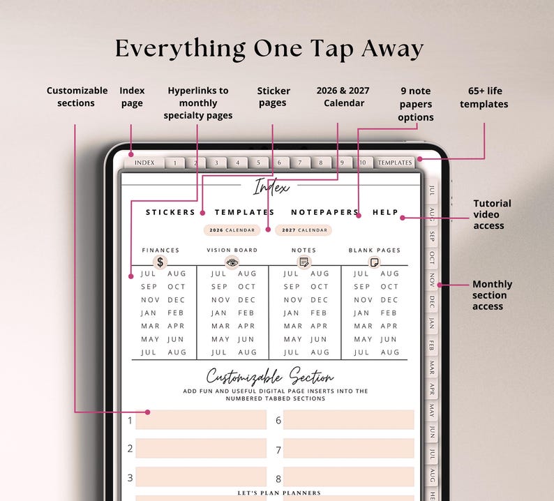 Puede incluir: Un planificador digital en la pantalla de una tableta que muestra una p&aacute;gina de &iacute;ndice con pesta&ntilde;as para pegatinas, plantillas, papel de notas y ayuda. El dise&ntilde;o incluye calendarios de 2026 y 2027, secciones para finanzas, tableros y pesta&ntilde;as numeradas.