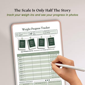 May include: A digital Weight Progress Tracker template featuring the text The Scale Is Only Half The Story, track your weigh-ins and see your progress in photos. The layout includes sections for starting weight, goal weight, and a twelve-week progress table.