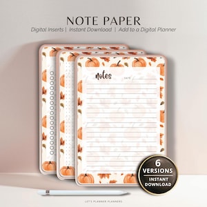 Puede incluir: Tres diseños de papel de notas digitales con temática otoñal. Los diseños presentan calabazas y hojas en tonos naranja y marrón. El texto "NOTE PAPER" y "notes" es visible. La imagen también incluye el texto "Digital Inserts | Instant Download | Add to a Digital Planner".