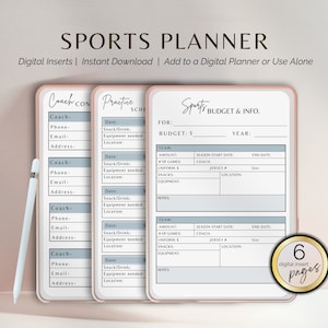 Może przedstawiać: Cyfrowy planer sportowy z różowo-złotą obwódką, zawierający strony z kontaktami do trenera, harmonogramami treningów i informacjami o budżecie. Planer zawiera pola na dane drużyny, informacje o grze i notatki.