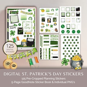Op de afbeelding: Een digitale stickerset voor St. Patrick's Day met 125 voorgeknipte planningsstickers. De set bevat een 5-pagina's GoodNote-stickerboek en individuele PNG-bestanden. De stickers bevatten klavertjesvier, potten goud, kabouters en andere St. Patrick's Day-themaontwerpen.