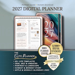 May include: Digital planner for 2027 with a portrait layout. The image shows a digital planner with a daily schedule and a cover with the numbers 2027. Includes 300+ planner covers, 3,500+ digital stickers, and life templates.