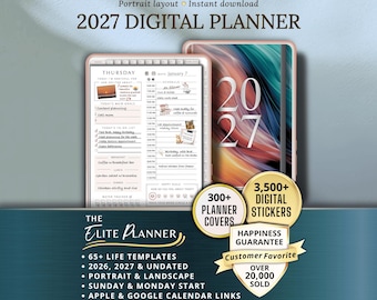 May include: Digital planner for 2027 with a portrait layout. The image shows a digital planner with a daily schedule and a cover with the numbers 2027. Includes 300+ planner covers, 3,500+ digital stickers, and life templates.