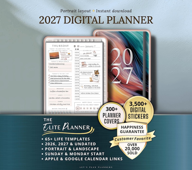 May include: Digital planner for 2027 with a portrait layout. The image shows a digital planner with a daily schedule and a cover with the numbers 2027. Includes 300+ planner covers, 3,500+ digital stickers, and life templates.