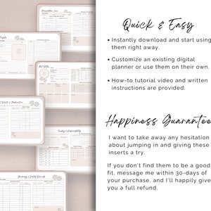 May include: Digital planner inserts with a pink and white color scheme. The inserts include sections for "Pet Profile", "Vet Visits & Medication", "Feeding & Comprehensibility", and "Grooming & Dental Records". The text "Quick & Easy" and "Happiness Guarantee" is also included in the image.